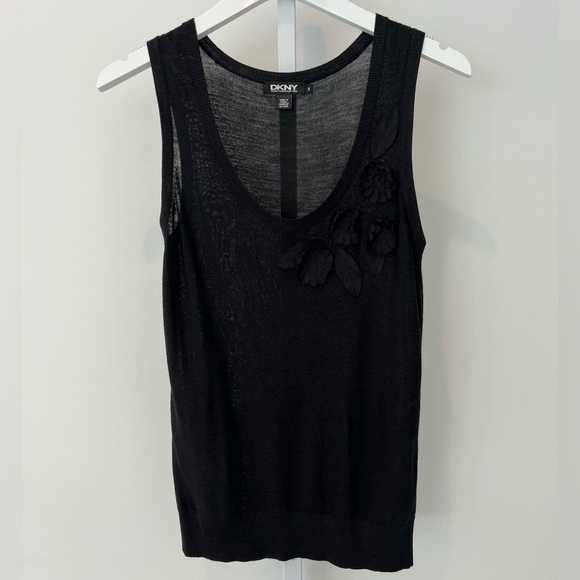 DKNY BLACK LINEN FLORAL APPLIQUÉ KNIT TOP SIZE S - Picture 4 of 16